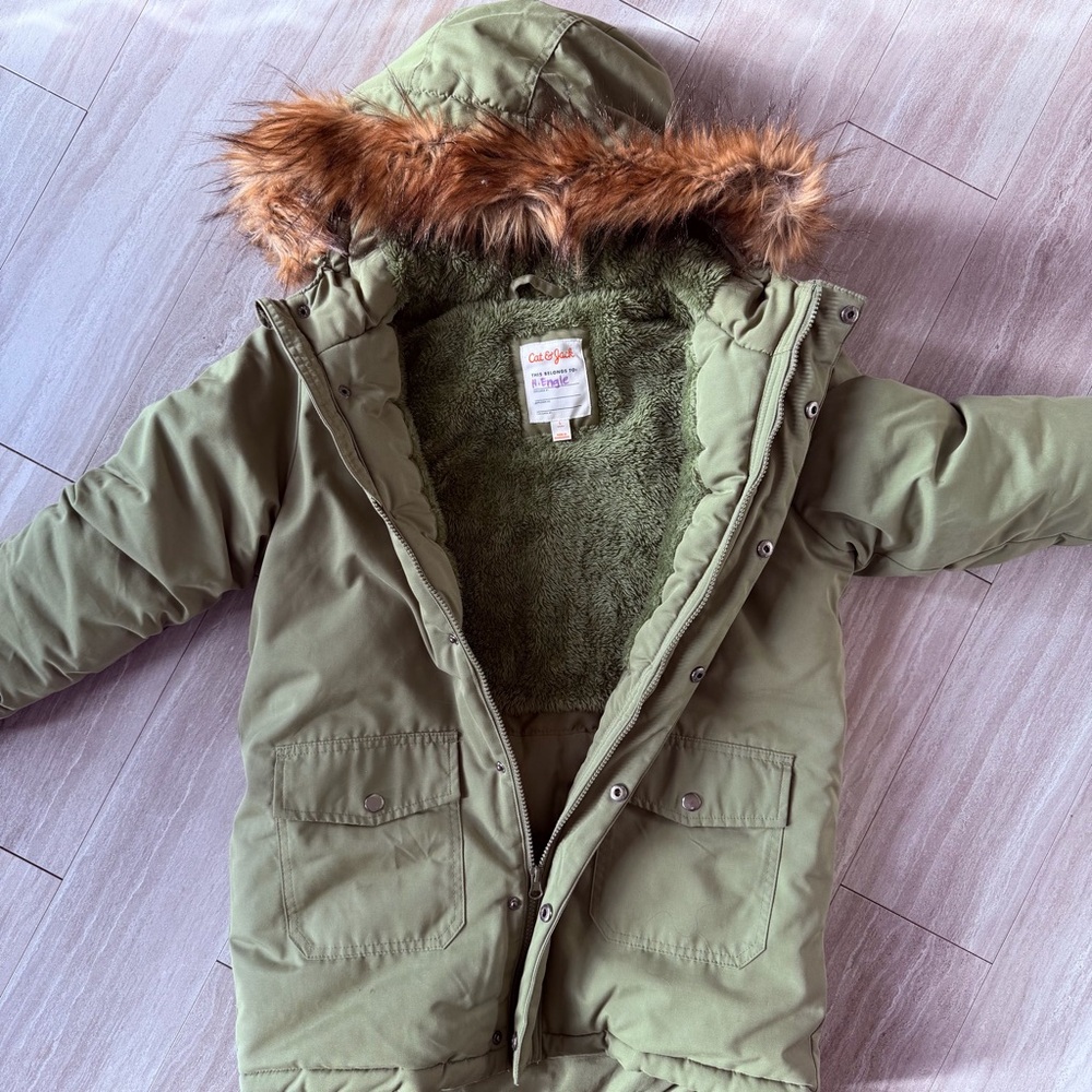 Cat & Jack Olive Green Kids Parka with Faux Fur Hood